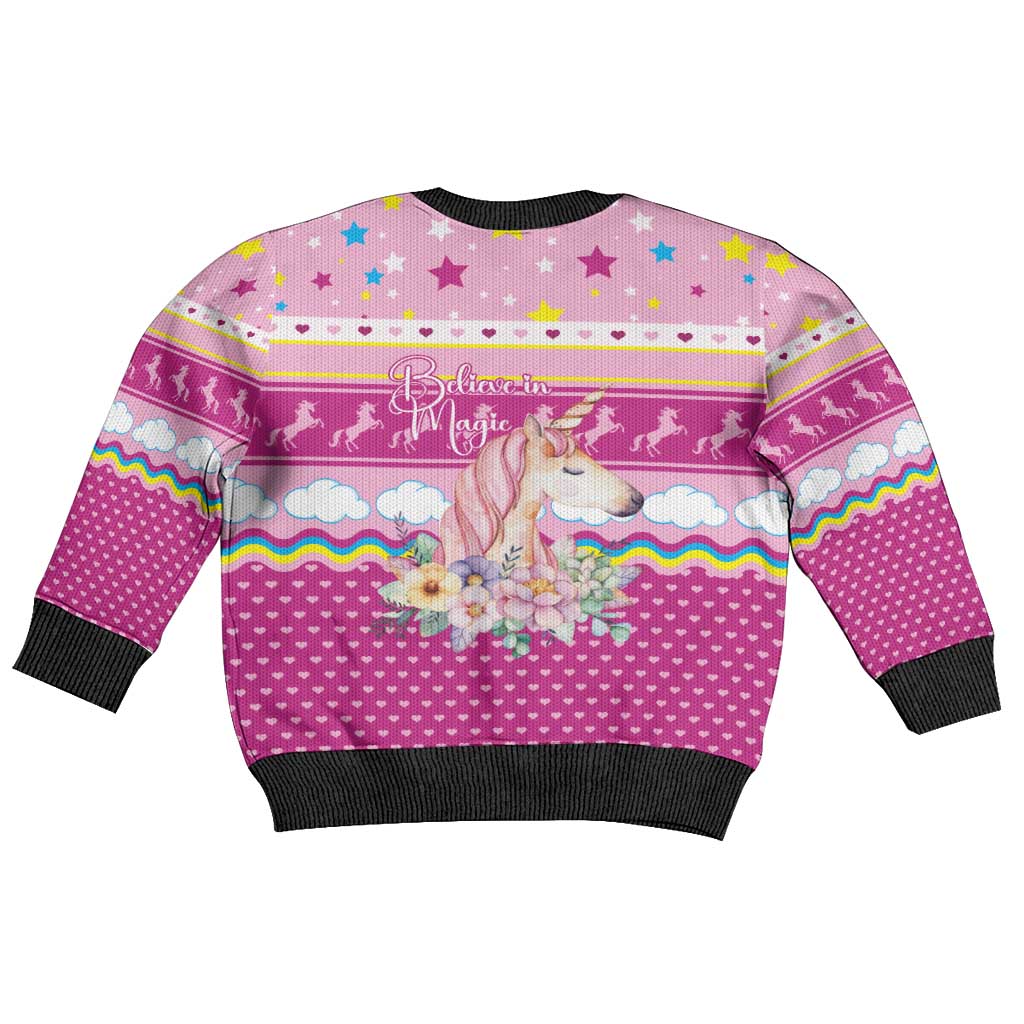 Unicorn Believe In Magic Christmas Kid Ugly Christmas Sweater with Believe in Magic Quote Pink Hearts Stars and Rainbow - Wonder Print Shop