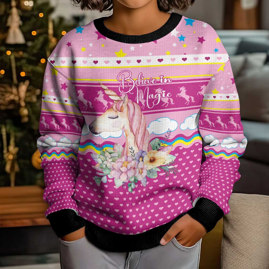 Unicorn Believe In Magic Christmas Kid Ugly Christmas Sweater with Believe in Magic Quote Pink Hearts Stars and Rainbow - Wonder Print Shop