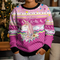 Unicorn Believe In Magic Christmas Kid Ugly Christmas Sweater with Believe in Magic Quote Pink Hearts Stars and Rainbow - Wonder Print Shop