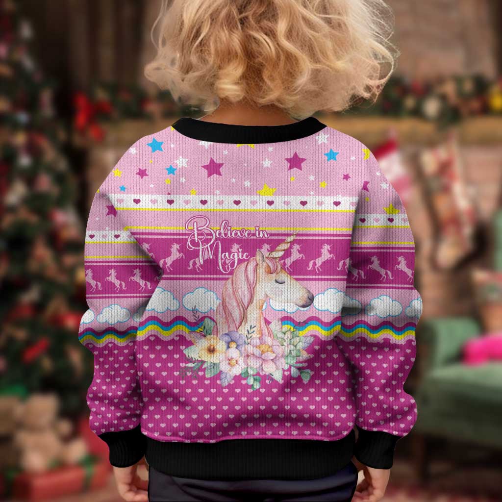 Unicorn Believe In Magic Christmas Kid Ugly Christmas Sweater with Believe in Magic Quote Pink Hearts Stars and Rainbow - Wonder Print Shop