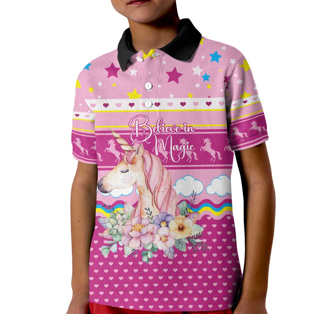 Unicorn Believe In Magic Christmas Kid Polo Shirt with Believe in Magic Quote Pink Hearts Stars and Rainbow - Wonder Print Shop