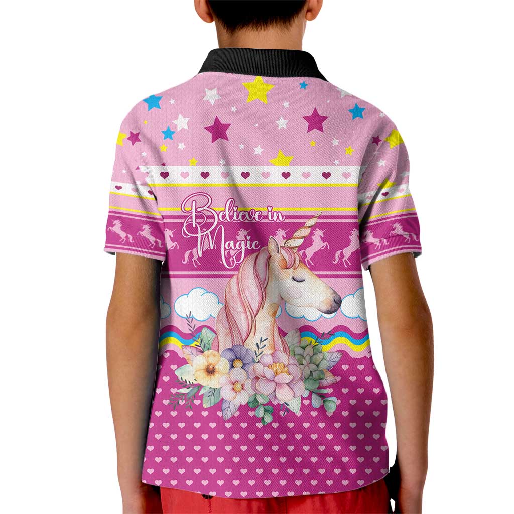Unicorn Believe In Magic Christmas Kid Polo Shirt with Believe in Magic Quote Pink Hearts Stars and Rainbow - Wonder Print Shop