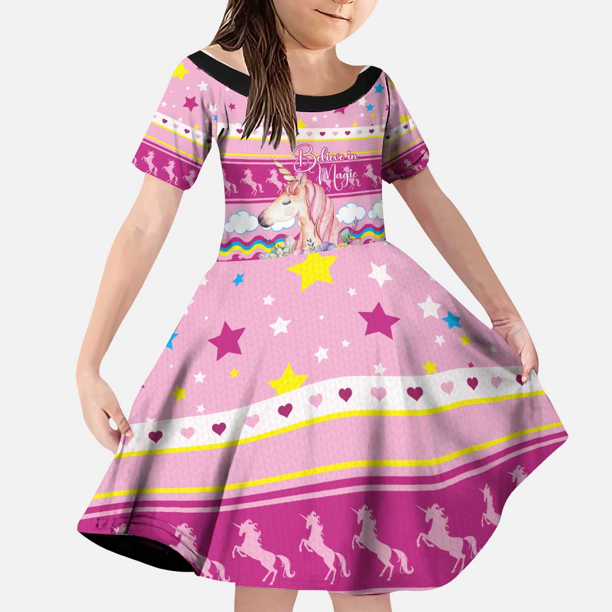 Unicorn Believe In Magic Christmas Kid Short Sleeve Dress with Believe in Magic Quote Pink Hearts Stars and Rainbow - Wonder Print Shop