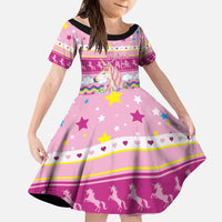 Unicorn Believe In Magic Christmas Kid Short Sleeve Dress with Believe in Magic Quote Pink Hearts Stars and Rainbow - Wonder Print Shop