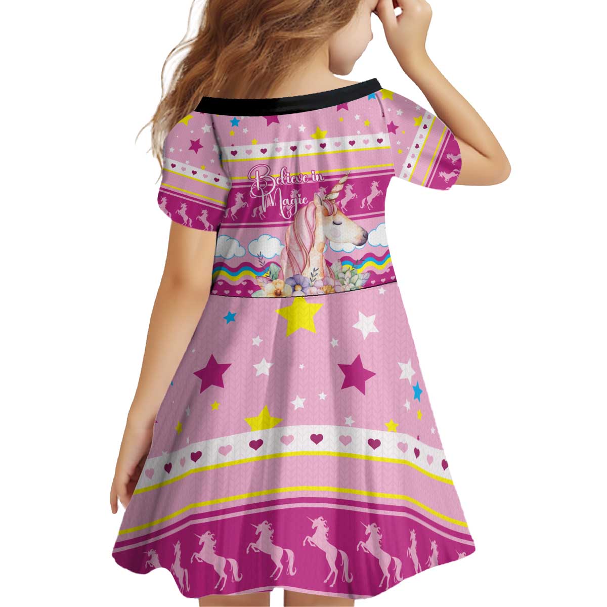 Unicorn Believe In Magic Christmas Kid Short Sleeve Dress with Believe in Magic Quote Pink Hearts Stars and Rainbow - Wonder Print Shop