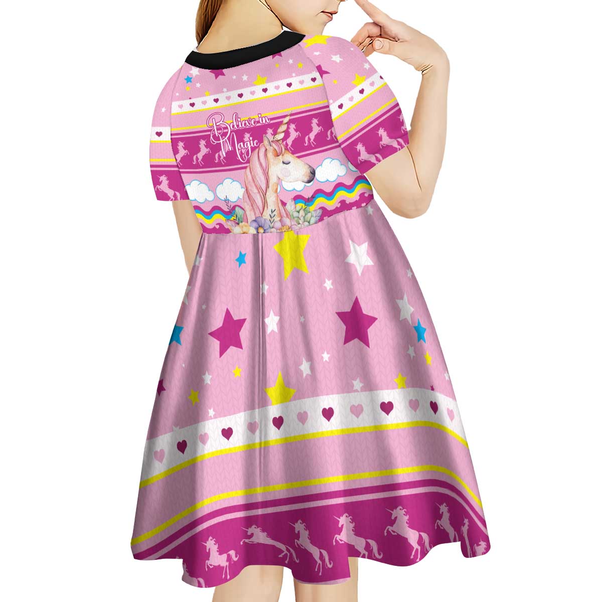 Unicorn Believe In Magic Christmas Kid Short Sleeve Dress with Believe in Magic Quote Pink Hearts Stars and Rainbow - Wonder Print Shop