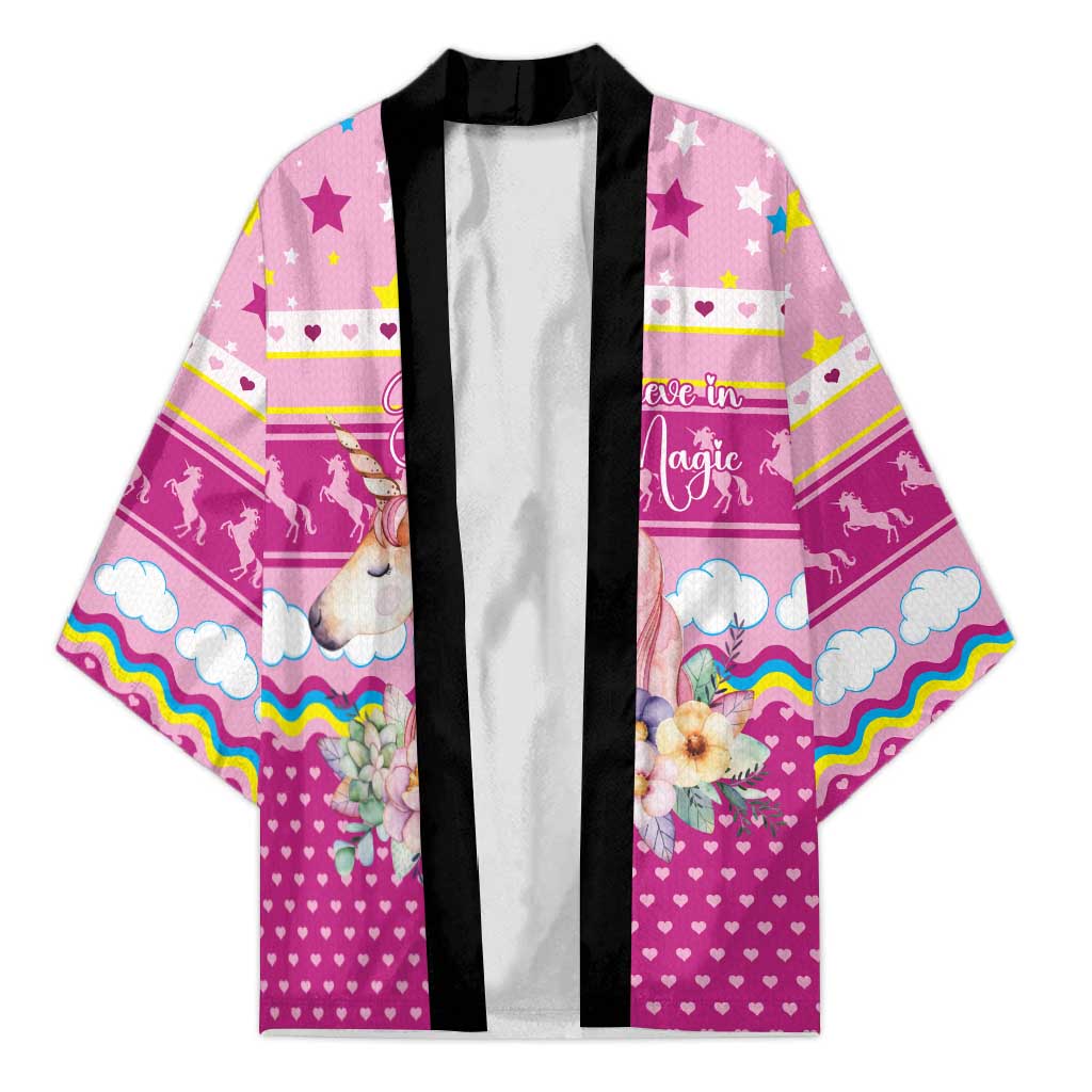 Unicorn Believe In Magic Christmas Kimono with Believe in Magic Quote Pink Hearts Stars and Rainbow - Wonder Print Shop