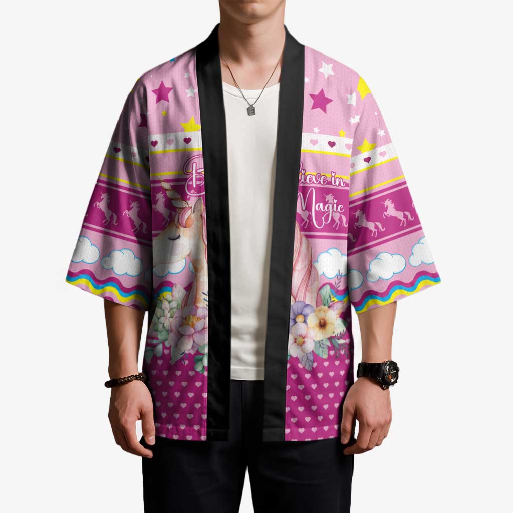 Unicorn Believe In Magic Christmas Kimono with Believe in Magic Quote Pink Hearts Stars and Rainbow - Wonder Print Shop