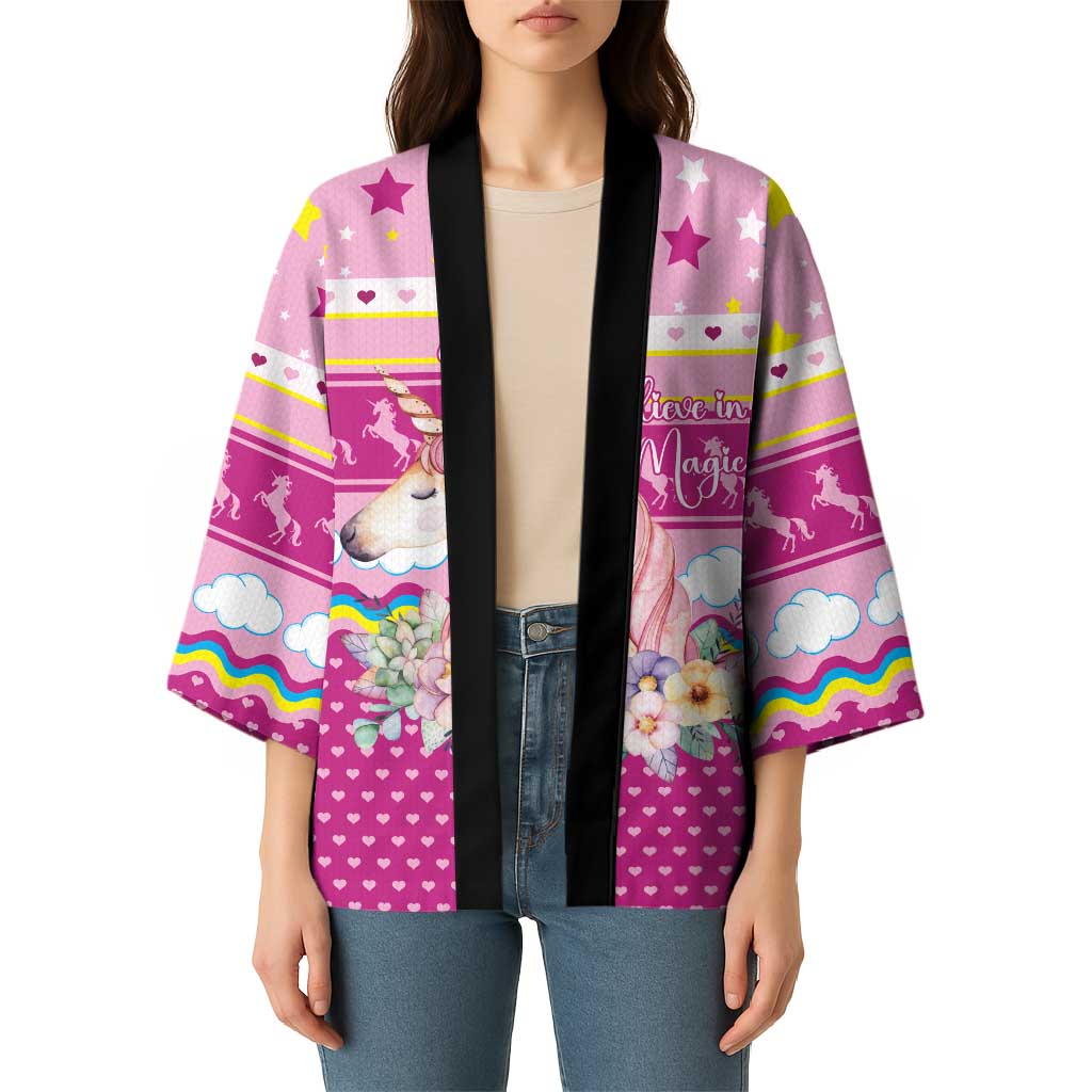 Unicorn Believe In Magic Christmas Kimono with Believe in Magic Quote Pink Hearts Stars and Rainbow - Wonder Print Shop