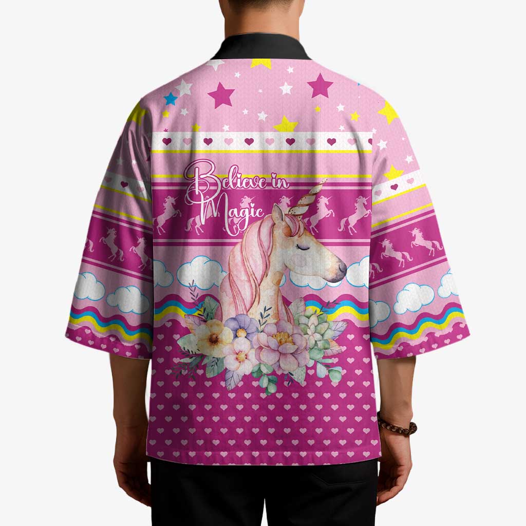 Unicorn Believe In Magic Christmas Kimono with Believe in Magic Quote Pink Hearts Stars and Rainbow - Wonder Print Shop