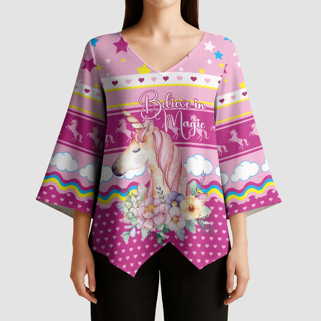 Unicorn Believe In Magic Christmas Kimono Sleeve Blouse with Believe in Magic Quote Pink Hearts Stars and Rainbow - Wonder Print Shop