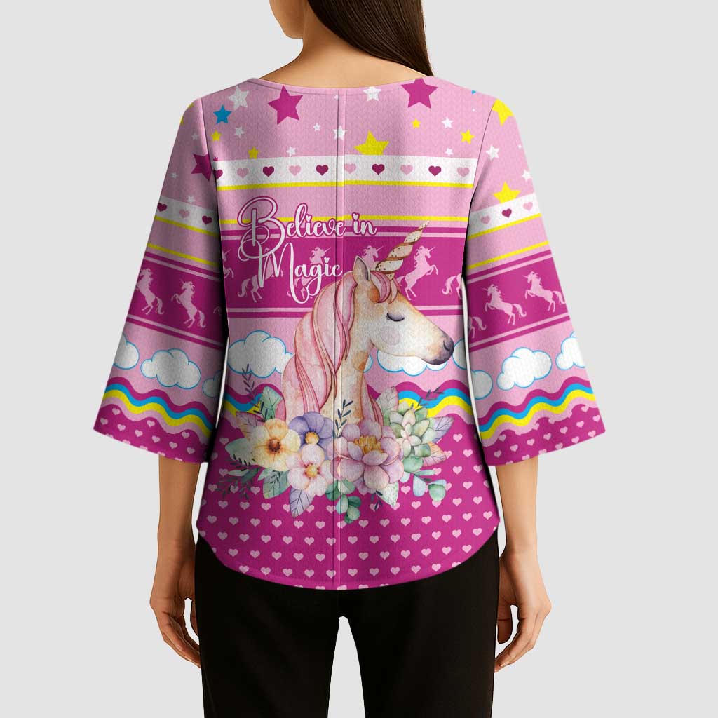 Unicorn Believe In Magic Christmas Kimono Sleeve Blouse with Believe in Magic Quote Pink Hearts Stars and Rainbow - Wonder Print Shop