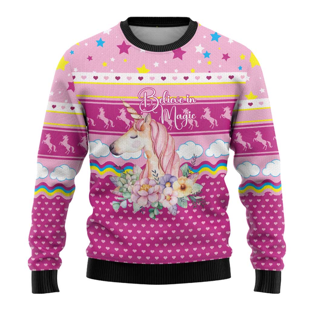 Unicorn Believe In Magic Christmas Ugly Christmas Sweater with Believe in Magic Quote Pink Hearts Stars and Rainbow - Wonder Print Shop
