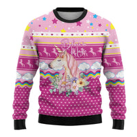 Unicorn Believe In Magic Christmas Ugly Christmas Sweater with Believe in Magic Quote Pink Hearts Stars and Rainbow - Wonder Print Shop