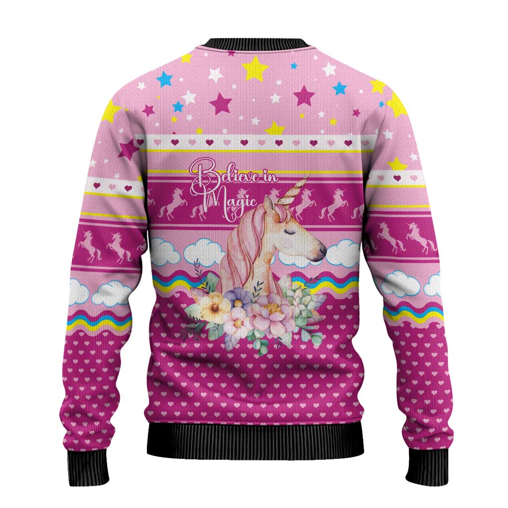 Unicorn Believe In Magic Christmas Ugly Christmas Sweater with Believe in Magic Quote Pink Hearts Stars and Rainbow - Wonder Print Shop