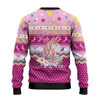 Unicorn Believe In Magic Christmas Ugly Christmas Sweater with Believe in Magic Quote Pink Hearts Stars and Rainbow - Wonder Print Shop