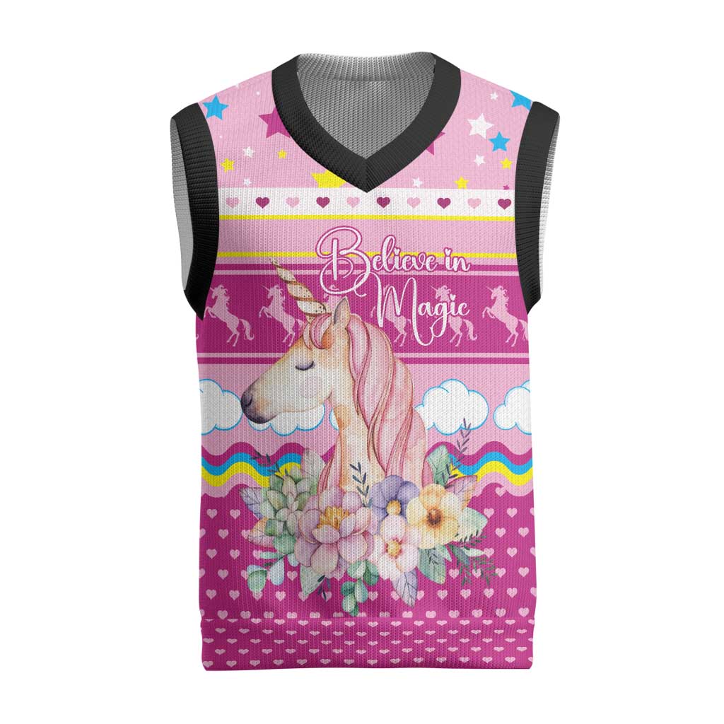 Unicorn Believe In Magic Christmas Knitted V-Neck Vest with Believe in Magic Quote Pink Hearts Stars and Rainbow - Wonder Print Shop