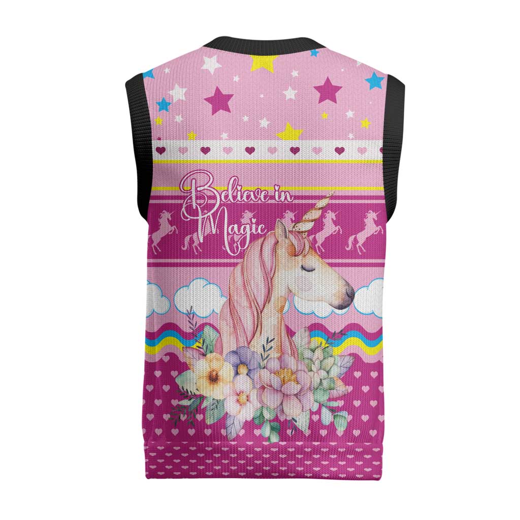 Unicorn Believe In Magic Christmas Knitted V-Neck Vest with Believe in Magic Quote Pink Hearts Stars and Rainbow - Wonder Print Shop