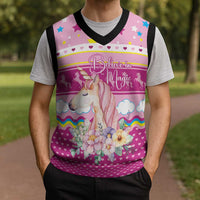 Unicorn Believe In Magic Christmas Knitted V-Neck Vest with Believe in Magic Quote Pink Hearts Stars and Rainbow - Wonder Print Shop
