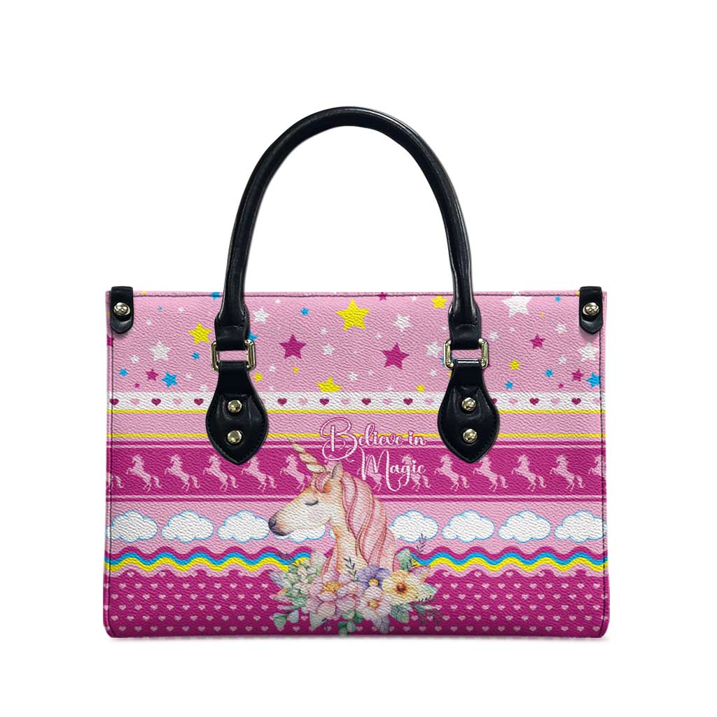 Unicorn Believe In Magic Christmas Leather Bag with Believe in Magic Quote Pink Hearts Stars and Rainbow - Wonder Print Shop
