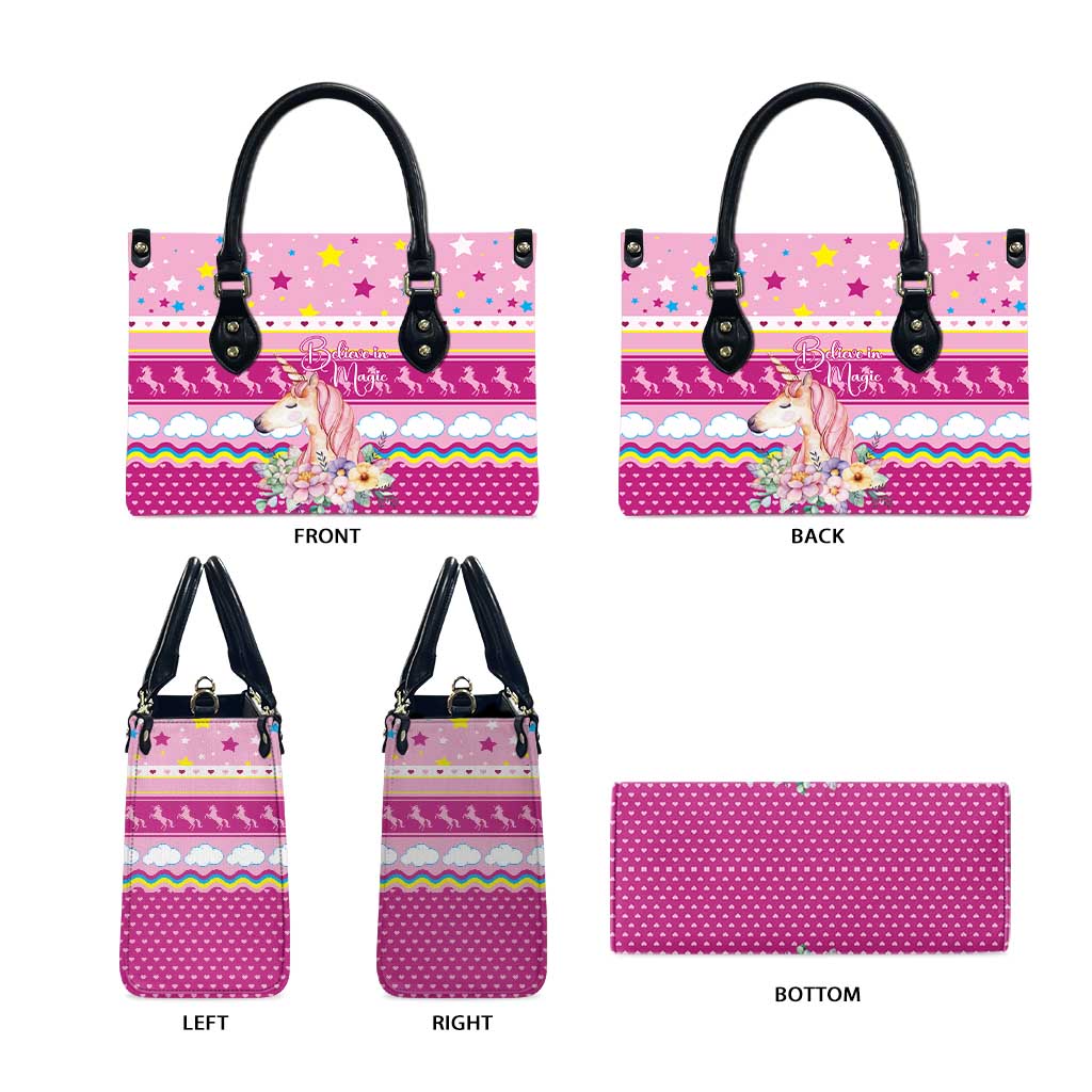 Unicorn Believe In Magic Christmas Leather Bag with Believe in Magic Quote Pink Hearts Stars and Rainbow - Wonder Print Shop