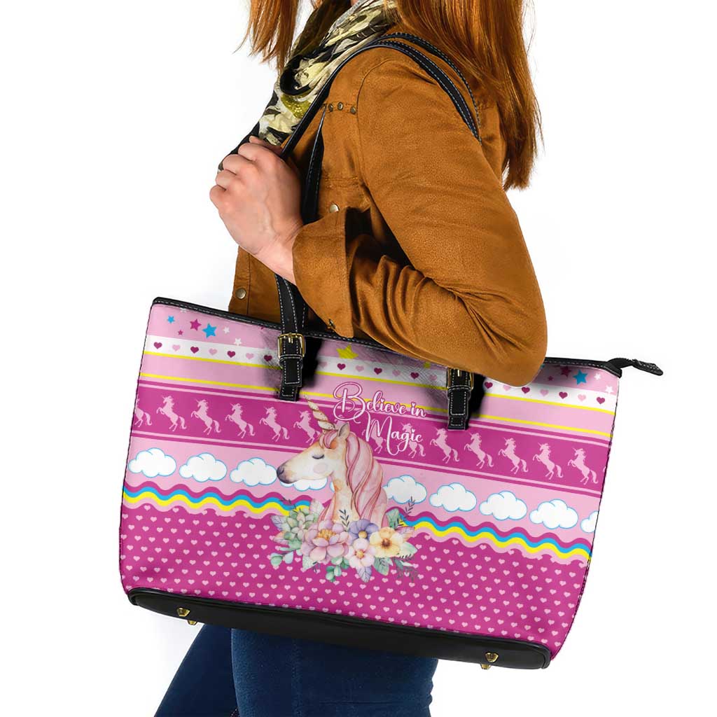 Unicorn Believe In Magic Christmas Leather Tote Bag with Believe in Magic Quote Pink Hearts Stars and Rainbow - Wonder Print Shop