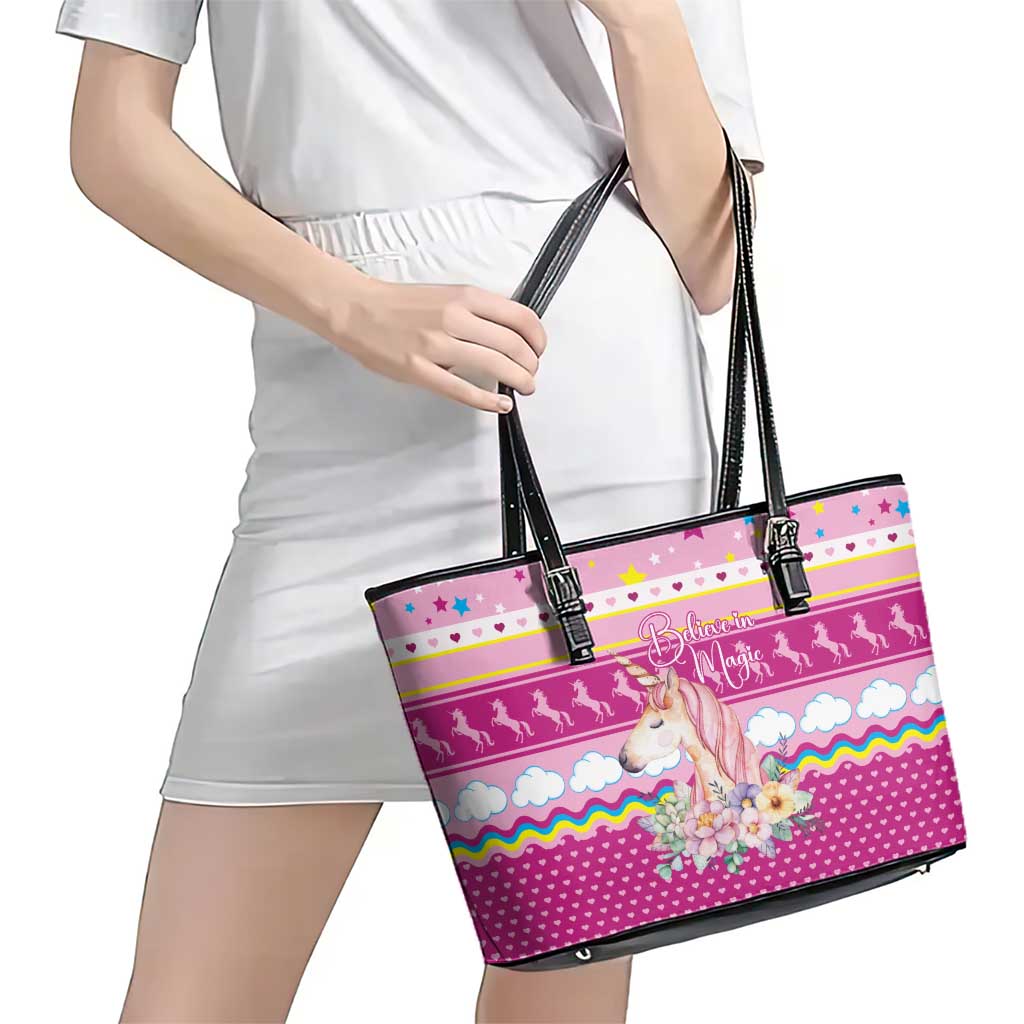 Unicorn Believe In Magic Christmas Leather Tote Bag with Believe in Magic Quote Pink Hearts Stars and Rainbow - Wonder Print Shop