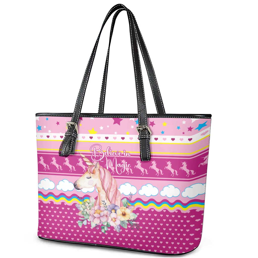 Unicorn Believe In Magic Christmas Leather Tote Bag with Believe in Magic Quote Pink Hearts Stars and Rainbow - Wonder Print Shop