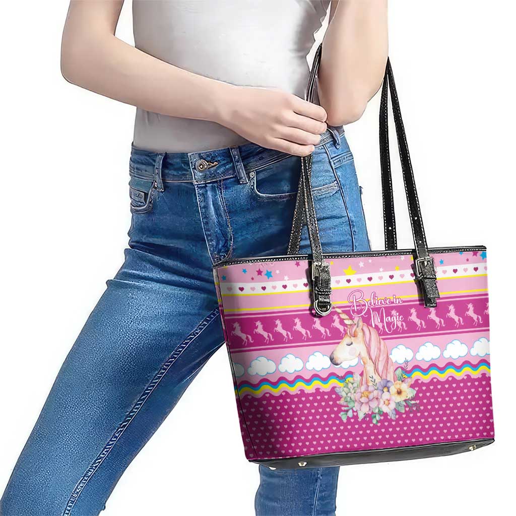 Unicorn Believe In Magic Christmas Leather Tote Bag with Believe in Magic Quote Pink Hearts Stars and Rainbow - Wonder Print Shop