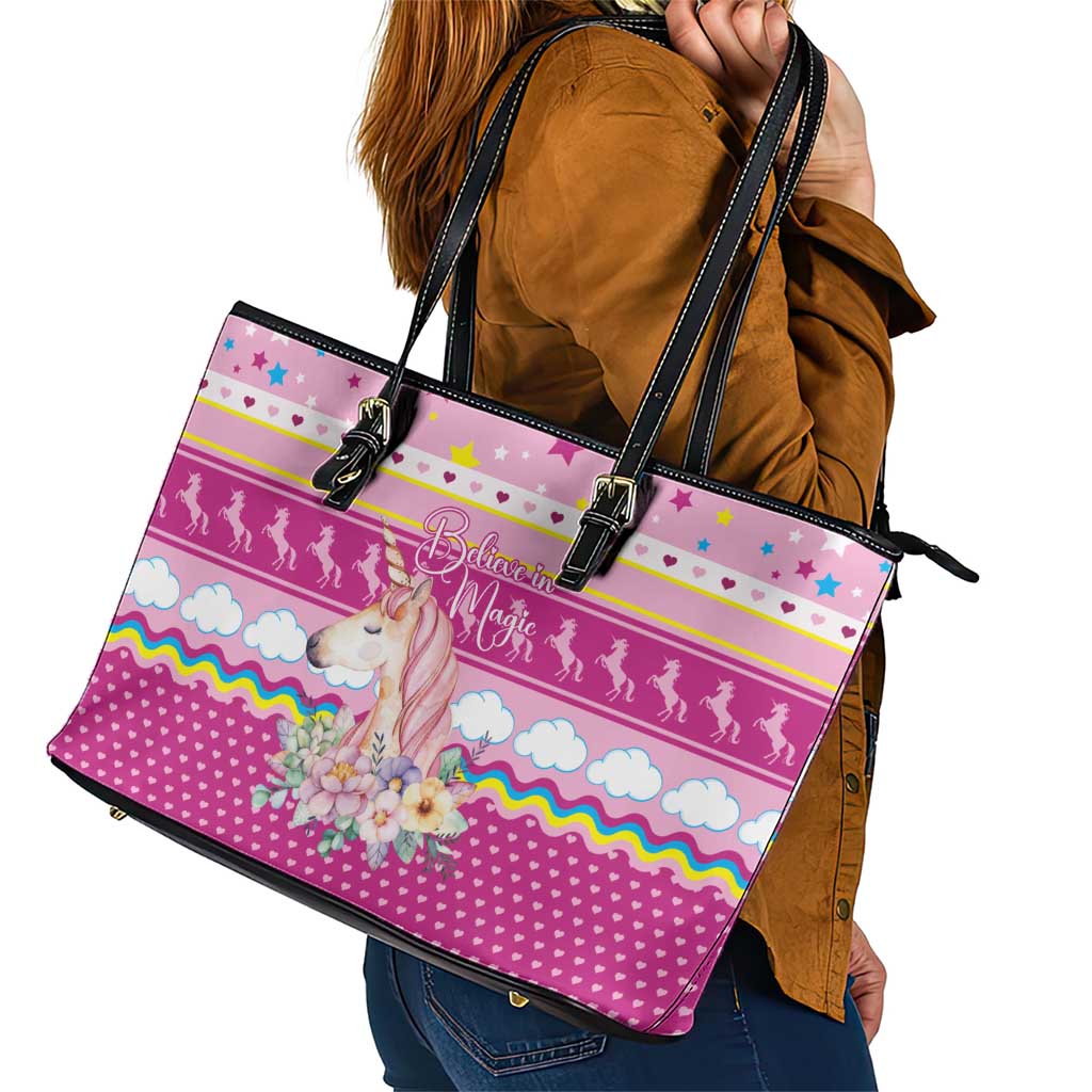 Unicorn Believe In Magic Christmas Leather Tote Bag with Believe in Magic Quote Pink Hearts Stars and Rainbow - Wonder Print Shop