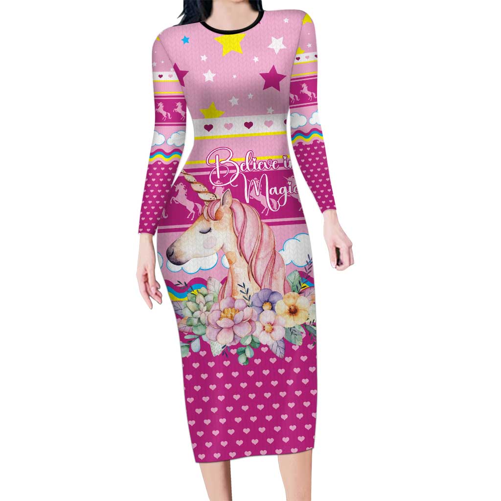 Unicorn Believe In Magic Christmas Long Sleeve Bodycon Dress with Believe in Magic Quote Pink Hearts Stars and Rainbow - Wonder Print Shop