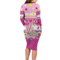 Unicorn Believe In Magic Christmas Long Sleeve Bodycon Dress with Believe in Magic Quote Pink Hearts Stars and Rainbow - Wonder Print Shop