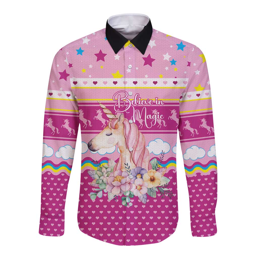 Unicorn Believe In Magic Christmas Long Sleeve Button Shirt with Believe in Magic Quote Pink Hearts Stars and Rainbow - Wonder Print Shop