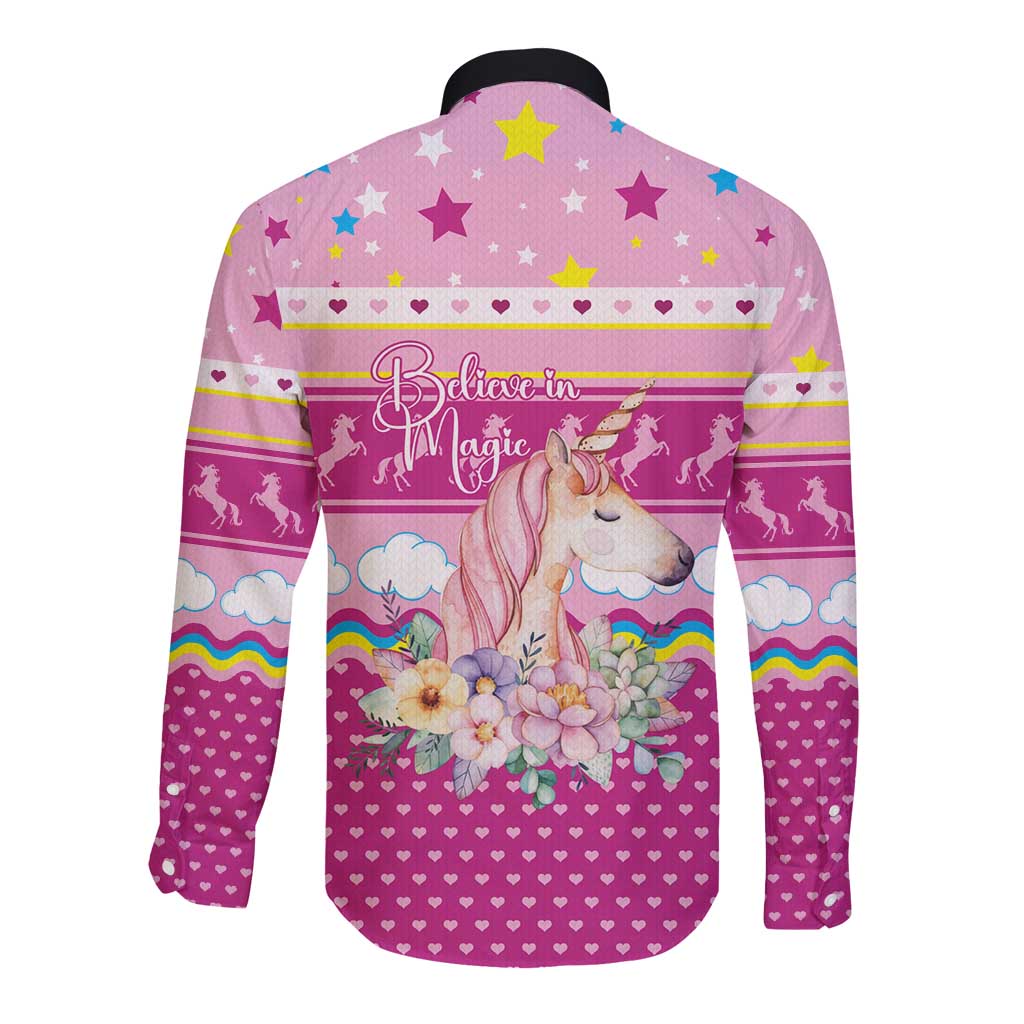 Unicorn Believe In Magic Christmas Long Sleeve Button Shirt with Believe in Magic Quote Pink Hearts Stars and Rainbow - Wonder Print Shop