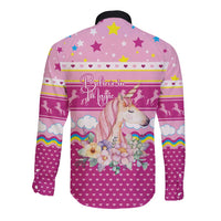 Unicorn Believe In Magic Christmas Long Sleeve Button Shirt with Believe in Magic Quote Pink Hearts Stars and Rainbow - Wonder Print Shop