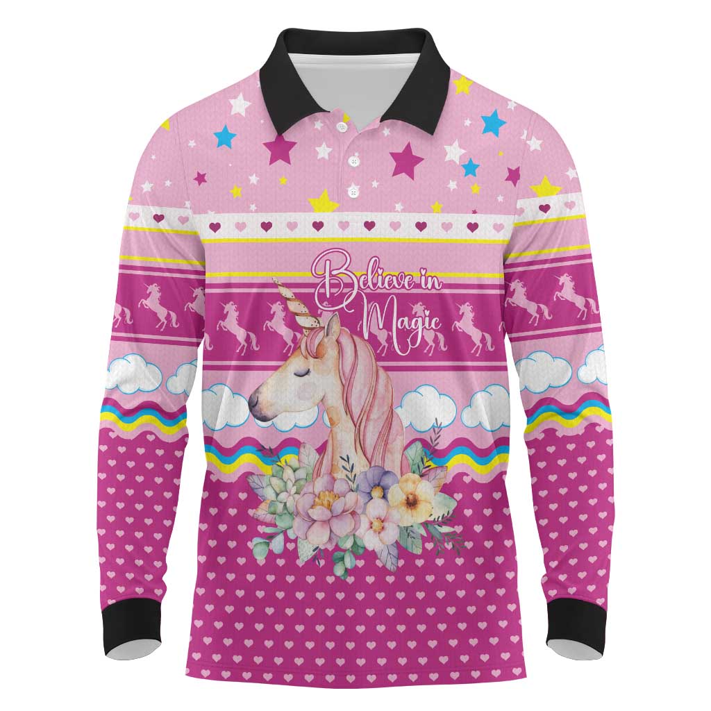 Unicorn Believe In Magic Christmas Long Sleeve Polo Shirt with Believe in Magic Quote Pink Hearts Stars and Rainbow - Wonder Print Shop