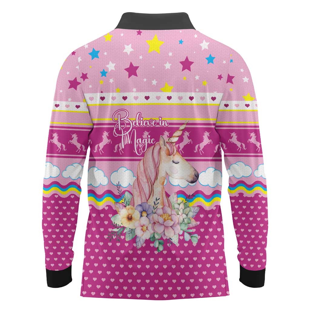 Unicorn Believe In Magic Christmas Long Sleeve Polo Shirt with Believe in Magic Quote Pink Hearts Stars and Rainbow - Wonder Print Shop