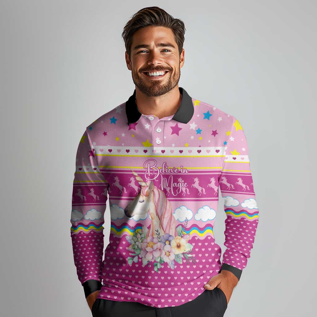 Unicorn Believe In Magic Christmas Long Sleeve Polo Shirt with Believe in Magic Quote Pink Hearts Stars and Rainbow - Wonder Print Shop