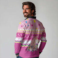 Unicorn Believe In Magic Christmas Long Sleeve Polo Shirt with Believe in Magic Quote Pink Hearts Stars and Rainbow - Wonder Print Shop