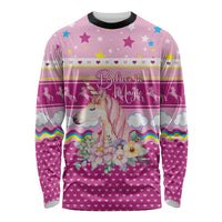 Unicorn Believe In Magic Christmas Long Sleeve Shirt with Believe in Magic Quote Pink Hearts Stars and Rainbow - Wonder Print Shop