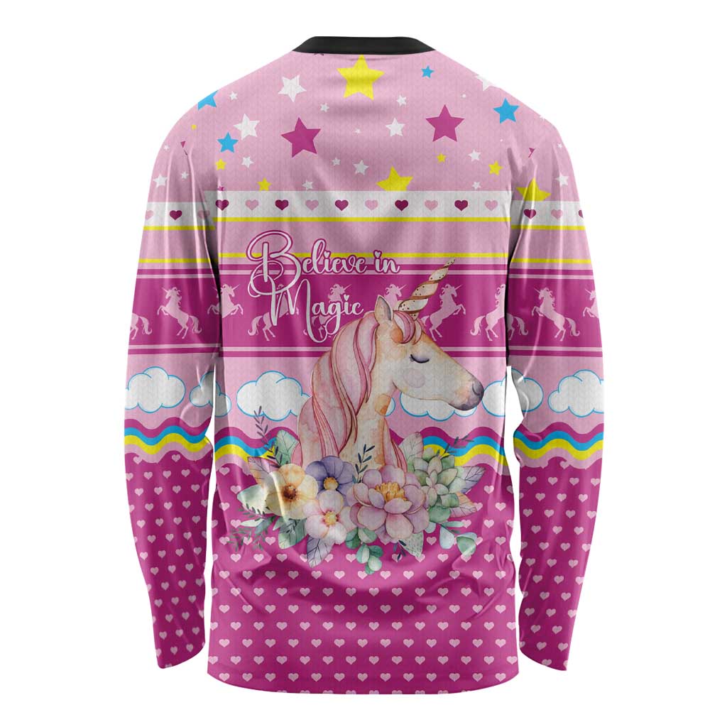 Unicorn Believe In Magic Christmas Long Sleeve Shirt with Believe in Magic Quote Pink Hearts Stars and Rainbow - Wonder Print Shop