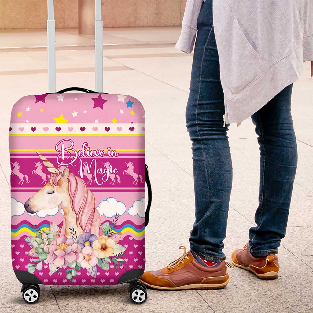 Unicorn Believe In Magic Christmas Luggage Cover with Believe in Magic Quote Pink Hearts Stars and Rainbow - Wonder Print Shop
