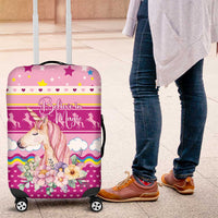 Unicorn Believe In Magic Christmas Luggage Cover with Believe in Magic Quote Pink Hearts Stars and Rainbow - Wonder Print Shop