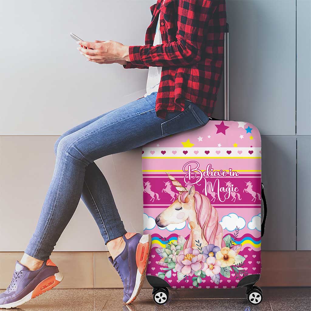 Unicorn Believe In Magic Christmas Luggage Cover with Believe in Magic Quote Pink Hearts Stars and Rainbow - Wonder Print Shop