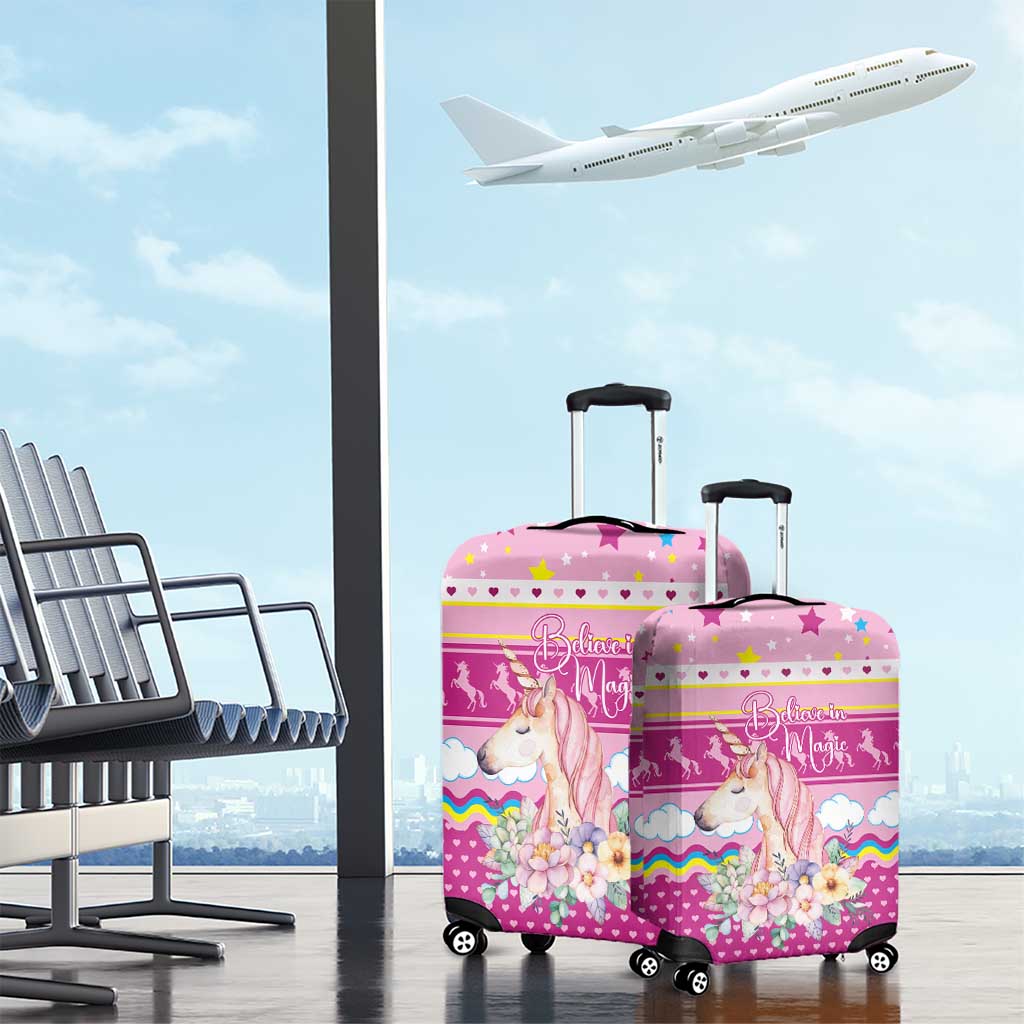 Unicorn Believe In Magic Christmas Luggage Cover with Believe in Magic Quote Pink Hearts Stars and Rainbow - Wonder Print Shop