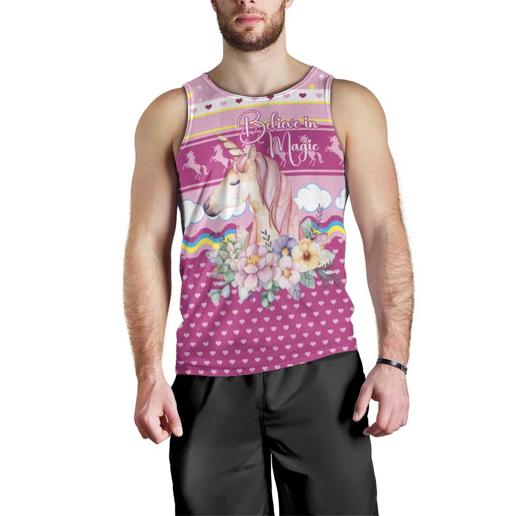 Unicorn Believe In Magic Christmas Men Tank Top with Believe in Magic Quote Pink Hearts Stars and Rainbow - Wonder Print Shop