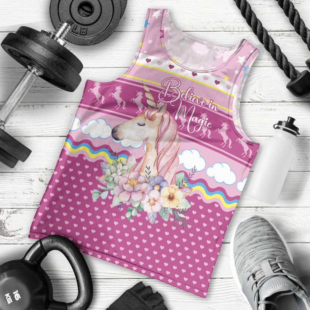 Unicorn Believe In Magic Christmas Men Tank Top with Believe in Magic Quote Pink Hearts Stars and Rainbow - Wonder Print Shop