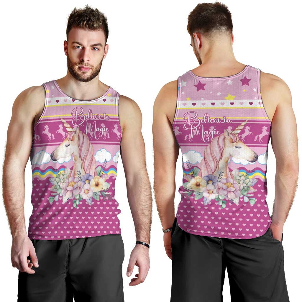 Unicorn Believe In Magic Christmas Men Tank Top with Believe in Magic Quote Pink Hearts Stars and Rainbow - Wonder Print Shop