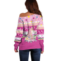 Unicorn Believe In Magic Christmas Off Shoulder Sweater with Believe in Magic Quote Pink Hearts Stars and Rainbow - Wonder Print Shop