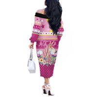 Unicorn Believe In Magic Christmas Off The Shoulder Long Sleeve Dress with Believe in Magic Quote Pink Hearts Stars and Rainbow - Wonder Print Shop